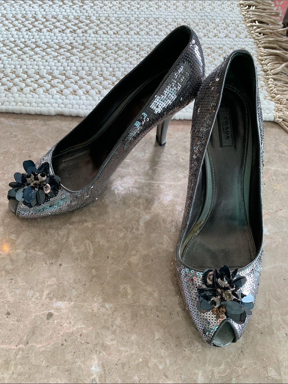 Prada Silver Sequin Peep-Toe Heels with Black Floral Embellishment 8.5 euro 39